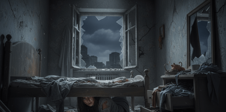 AI generated image of a girl hiding under the bed in a dark, destroyed bedroom